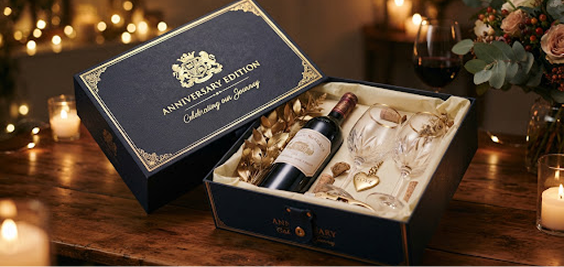 Navy Anniversary Edition gift box with wine and glasses