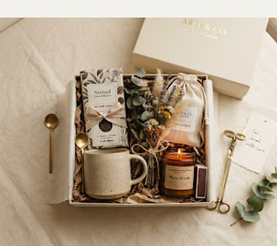 An open gift box with a candle, ceramic mug, dried flowers and artisanal treats